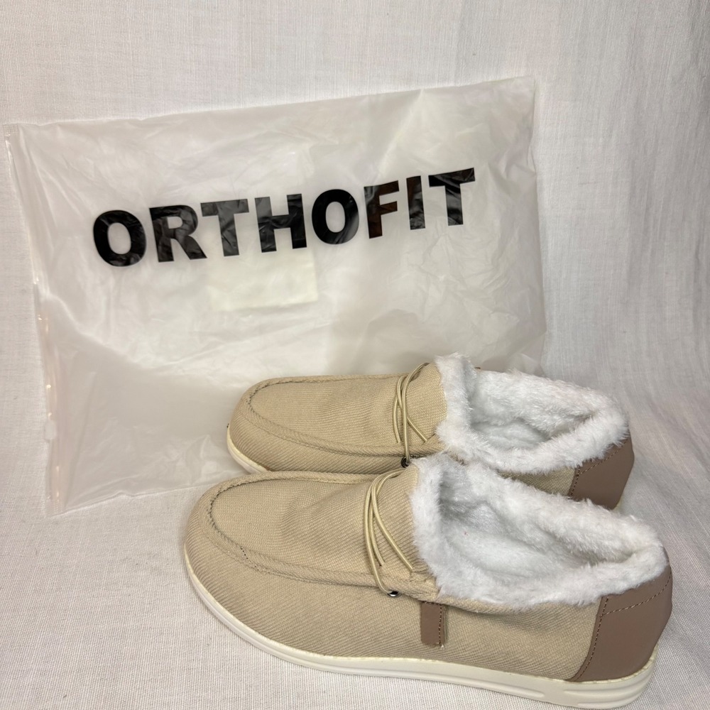 Orthofit Tan Canvas Faux Fur Lined Slip On Loafers Moc Toe Shoes Size 40